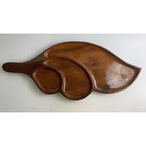 Wooden Snack Serving Tray 3 Section Divided Leaf Shape 22” charcuterie Vintage